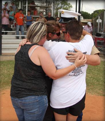 U.S. Marine Lane Robison, a 2017 Lindsay graduate, surprised his mom and two sisters when he presented the American flag during “The Star Spangled Banner” prior to the Leopardettes game on August 28. He arrived minutes before the game and dad was in on it. Thanks to the coaches, referees, players and parents who orchestrated this surprise, for it was not an easy task to keep mom and the two sisters from seeing Lane’s arrival.