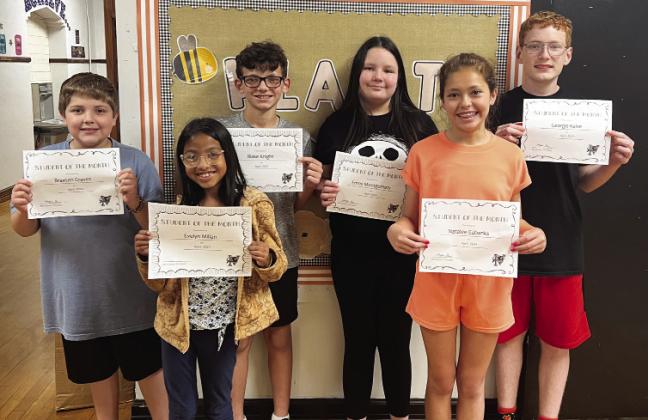 April students of the month at Pauls Valley Intermediate School are (l-r) fourth-graders Braxten Graves and Evelyn Millan, fifth-graders Blake Knight and Emmi Montgomery, and sixth-graders Natalee Eubanks and Georgie Kalve. Courtesy photo