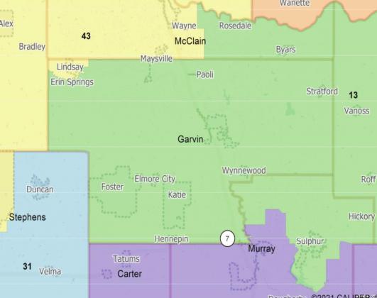 Proposed redistricting maps released Monday show Senate District 13 extending to the western border of Garvin County, while the northwestern corner of the county, including Lindsay, remain in Senate District 43.