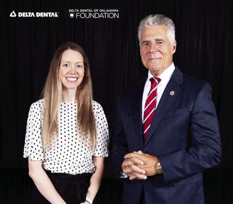 Cayli Cohrs, a second-year OUCOD dental student and Elmore City resident, is one of 10 dental students receiving a $10,000 scholarship this year. Cayli is shown here with DDOK president and CEO John Gladden. Cayli is the daughter of Glennis and Cyndi Ivey Ring of Maysville. Courtesy photo