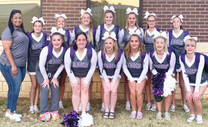 Elmore City-Pernell Badger cheer squad are (back row, left to right) Righley Martinez, Aby Tadlock, Laci Lewis, Trinity Taylor, Tori Niblett, Taylor Lahman, Kara Busey. Front row (left to right) are Allie Ramming, Logan Barber, Kynlee Patterson, Dallie Sherwood, Dara Howard and Austynn Duley. Cheer Coach is Angela Sawyer