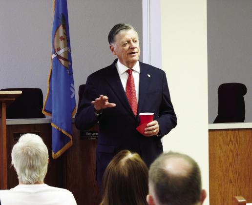 Rep. Tom Cole speaks to local residents during a community meeting in Lindsay last week. Cole discussed a wide range of topics including border security, the budget, the war in Ukraine and energy. News Star photo by Chris Mackey